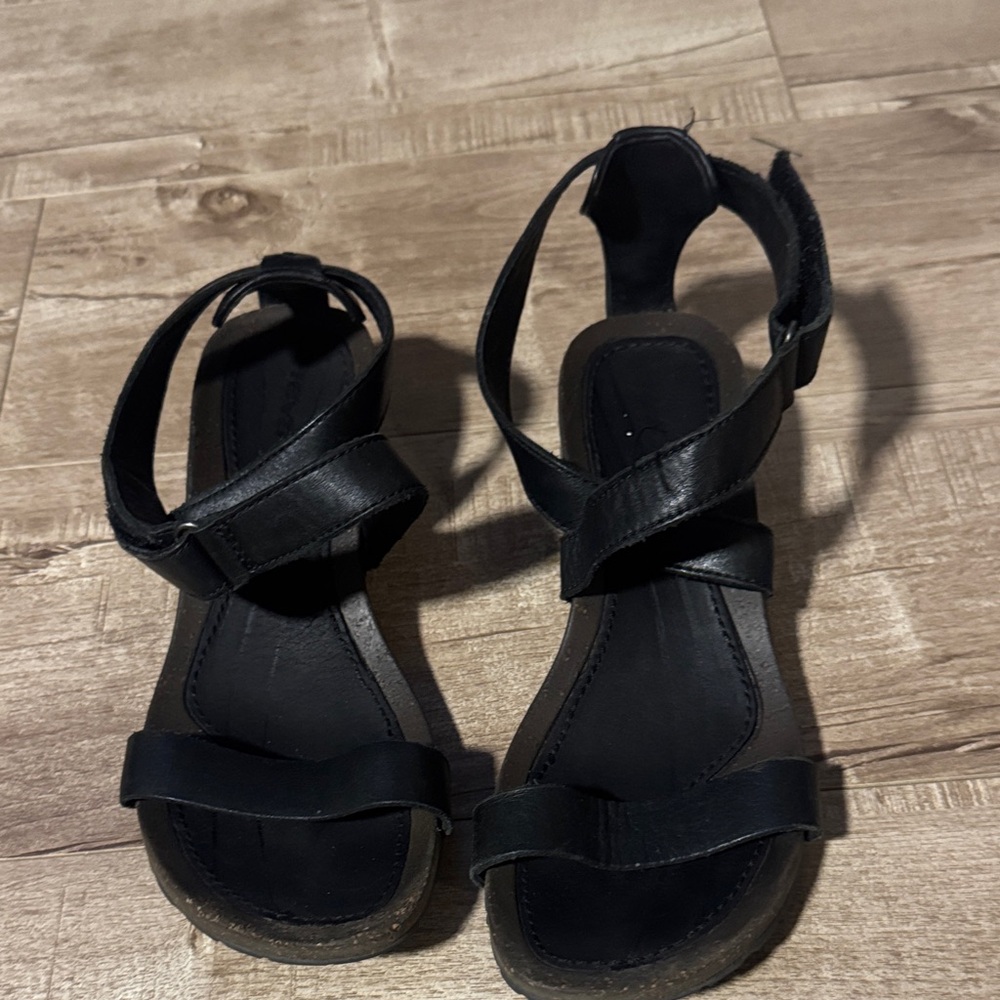 Women’s Black Leather Strappy Wedge Sandals